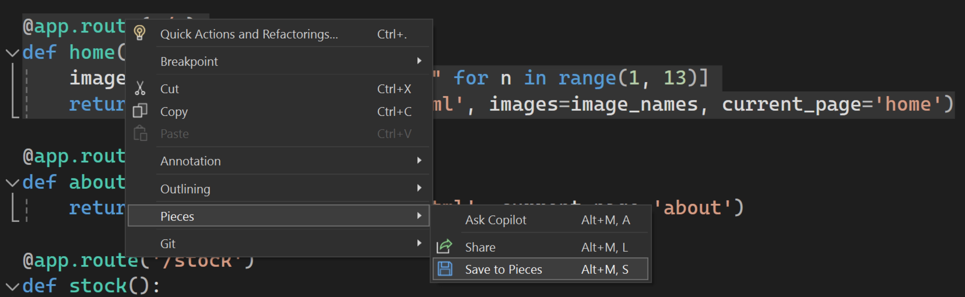 A screenshot of visual studio with a Python function selected and the Pieces context menu showing